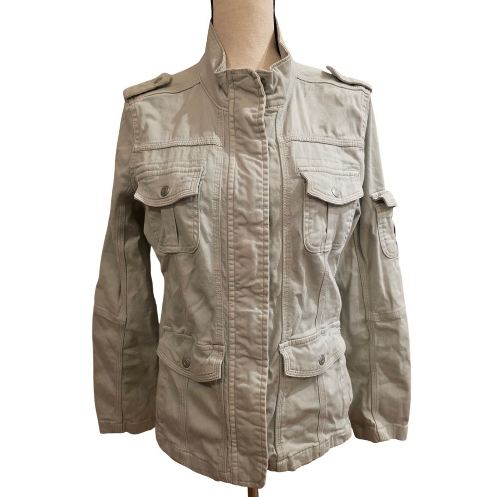 Kensie Jeans Denim Utility Military Safari Jacket Sage Green Stretch Twill Large